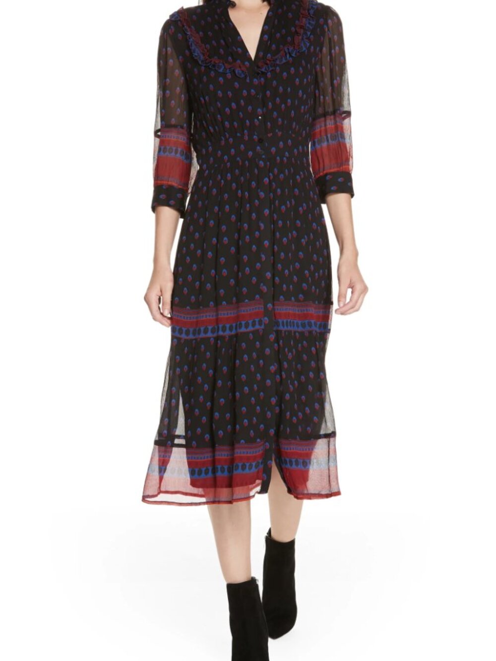 ba&sh Printed Viscose Midi Dress – Size 2 (M) | Boho Chic Parisian Style